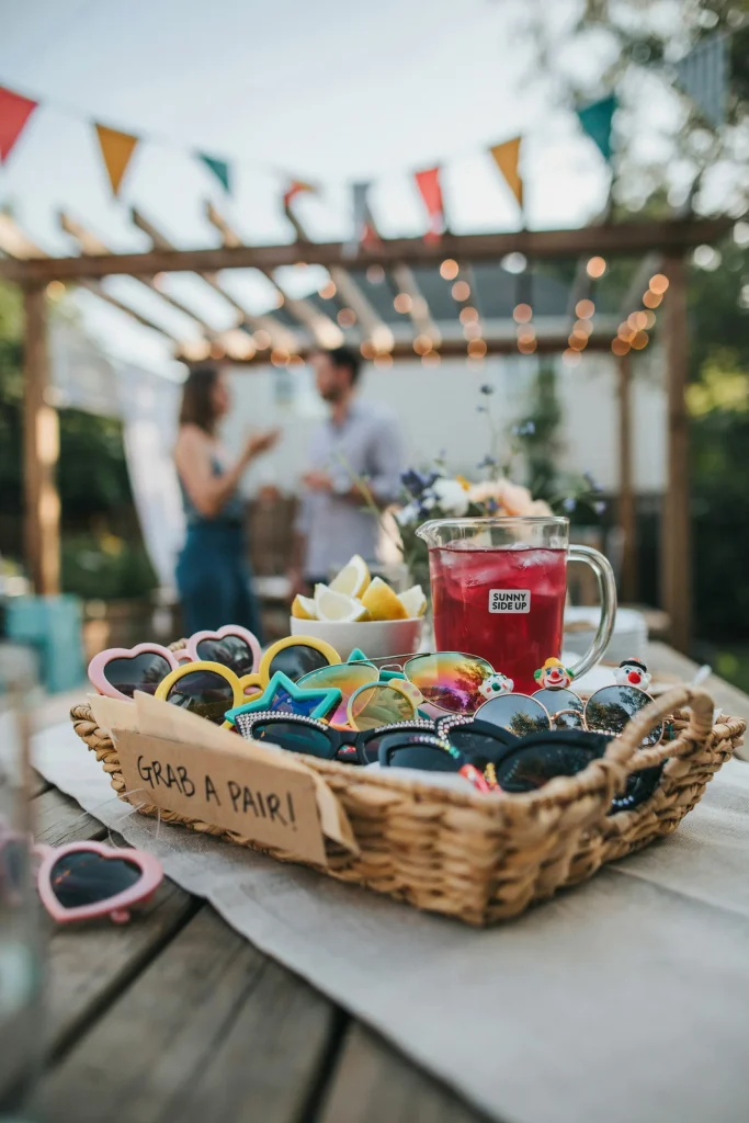 A basket of colorful novelty sunglasses on a party table, ready for guests to grab