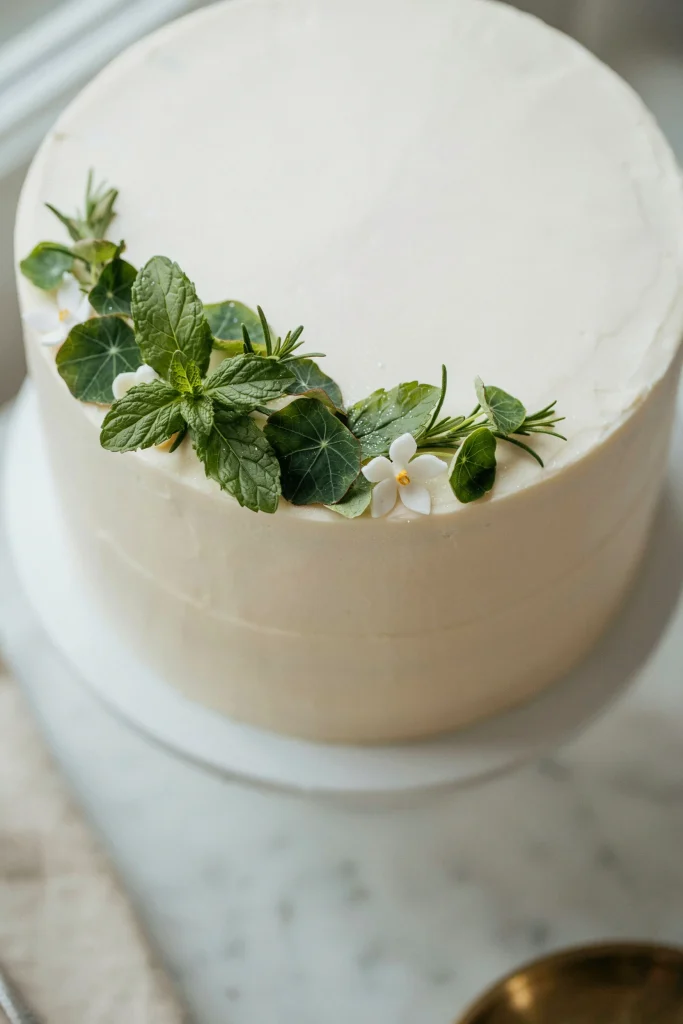 A close-up of a cake topped with delicate edible green leaf decorations.