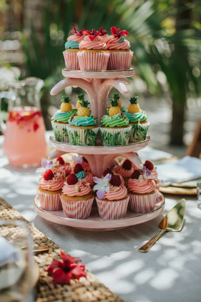 A three-tier pink palm tree cupcake stand filled with tropical-frosted cupcakes.