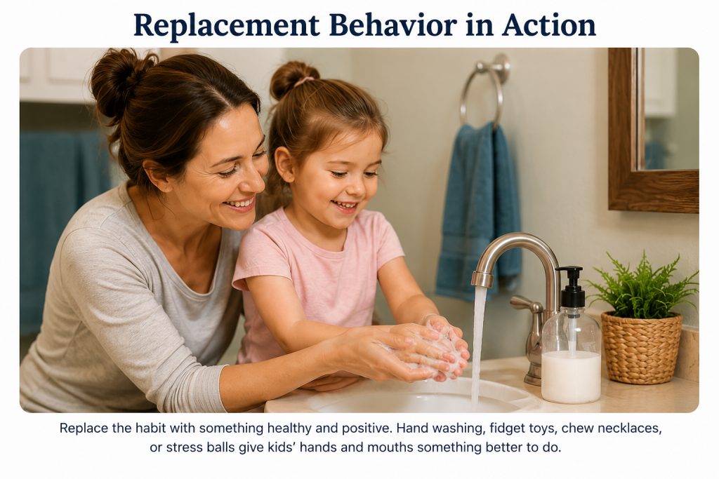  A photo of a parent and child washing hands together at a sink — gentle, everyday feel. Represents hygiene without alarm