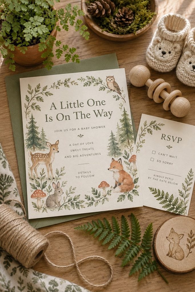 Woodland baby shower invitation with a watercolor fox and greenery