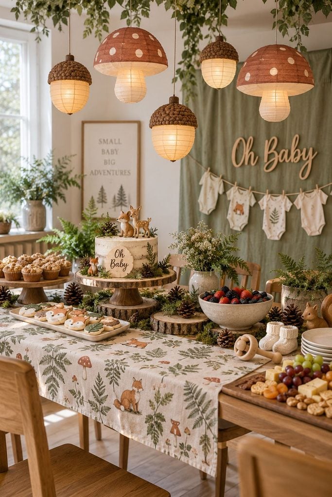 Woodland baby shower table decorated with lanterns and a rustic table runner
