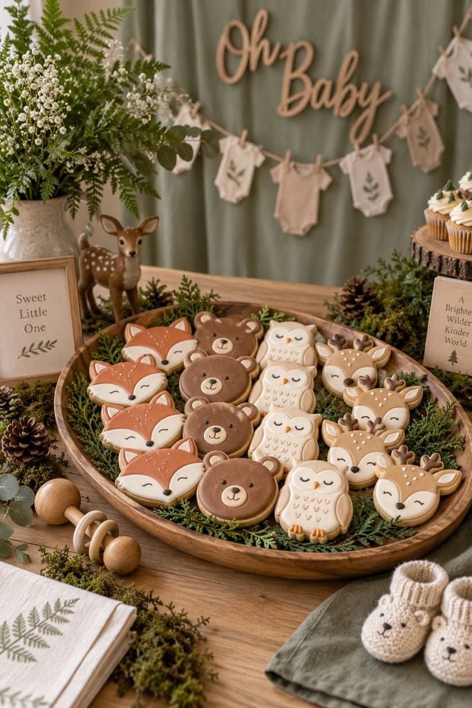 Woodland baby shower animal sugar cookies decorated in sage, cream, and brown icing