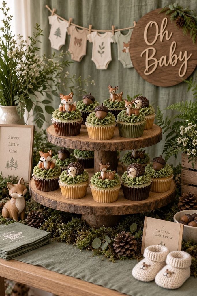 Woodland baby shower cupcakes with green moss frosting and acorn toppers