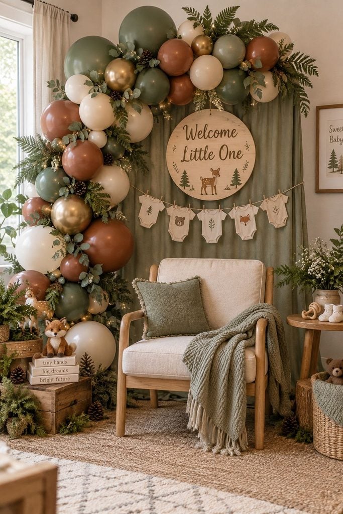 Woodland baby shower balloon garland and photo backdrop in sage, cream, and terracotta