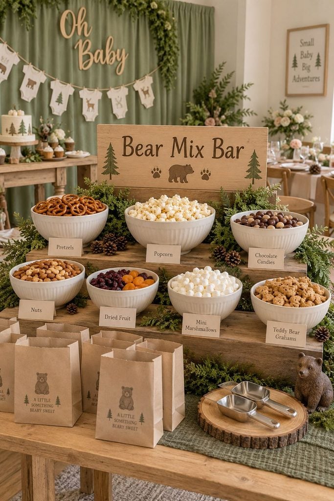 Woodland baby shower build-your-own bear snack mix bar with pretzels and popcorn