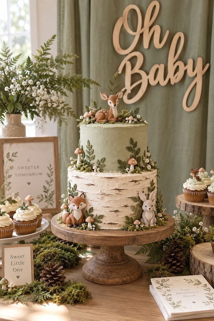 Enchanted woodland baby shower cake with green frosting, mushrooms, and forest animals