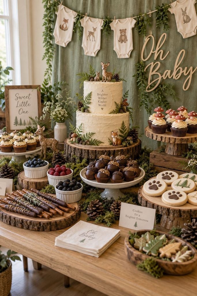 Woodland baby shower dessert table with acorn treats, mushroom cupcakes, and a forest cake