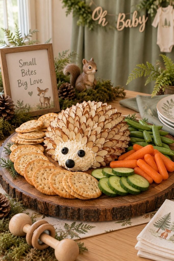 Woodland baby shower hedgehog cheese ball covered in sliced almonds with crackers