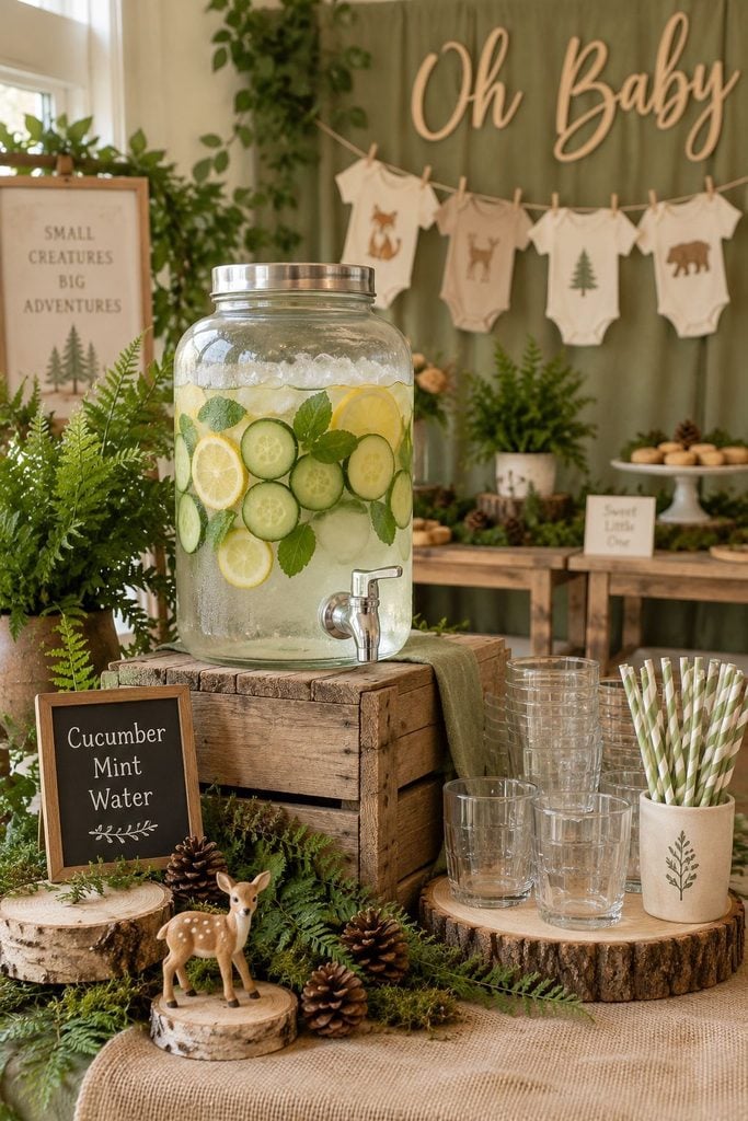 Woodland baby shower drink station with cucumber water in a glass dispenser on a wooden crate