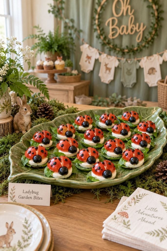 Woodland baby shower ladybug caprese bites made with tomatoes and mozzarella