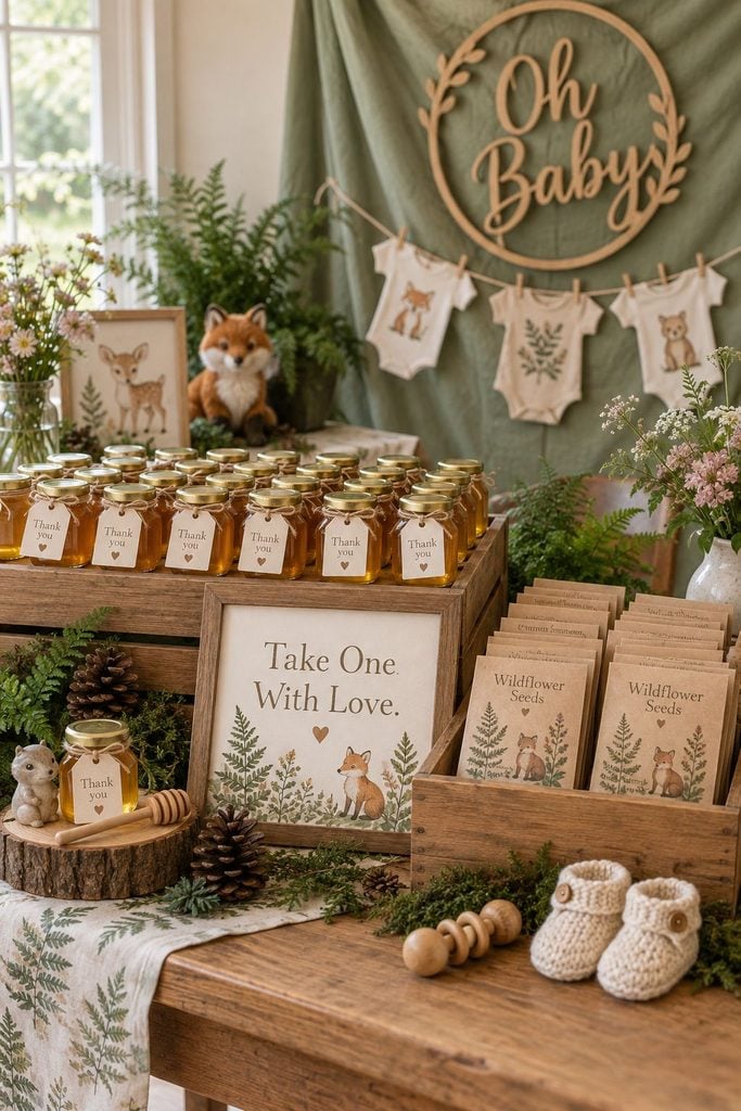 Woodland baby shower favors with mini honey jars and wildflower seed packets