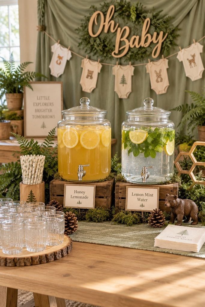 Woodland baby shower sips station with honey lemonade and lemon mint water