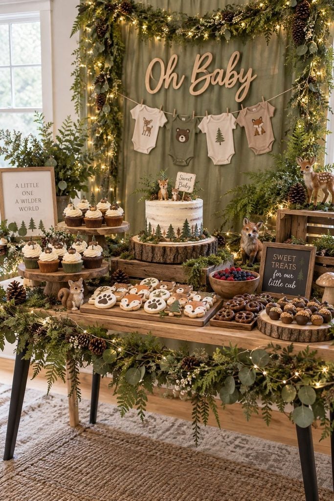 Woodland baby shower dessert display lit with fairy lights and hanging lanterns