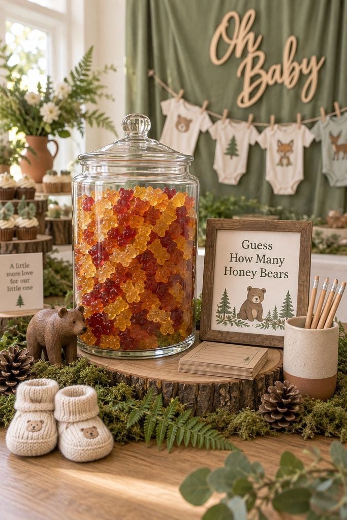 Woodland baby shower guess how many honey bears game with a jar of gummy bears