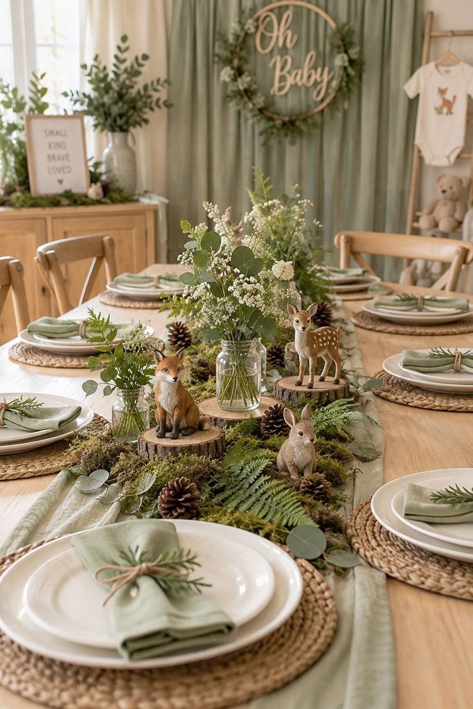 Woodland baby shower centerpiece with moss, wood slices, pinecones, and forest animal figurines