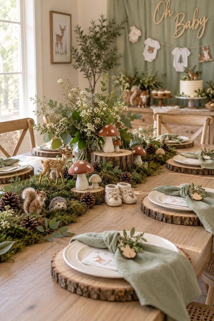 Woodland baby shower mushroom tablescape with moss runner and wood slice chargers