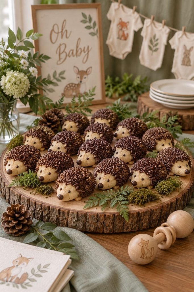 Woodland baby shower hedgehog cookies with chocolate sprinkle spikes on a wood slice