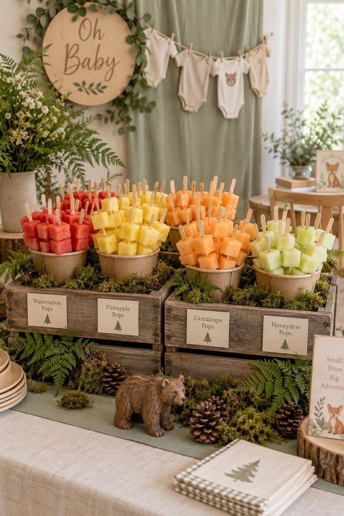 Woodland baby shower fruit pops bar with watermelon and melon skewers in a wooden crate