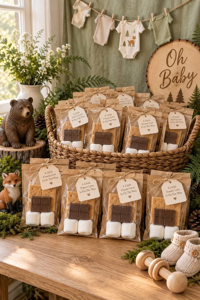 Woodland baby shower s'mores kit favors in kraft bags with printed tags