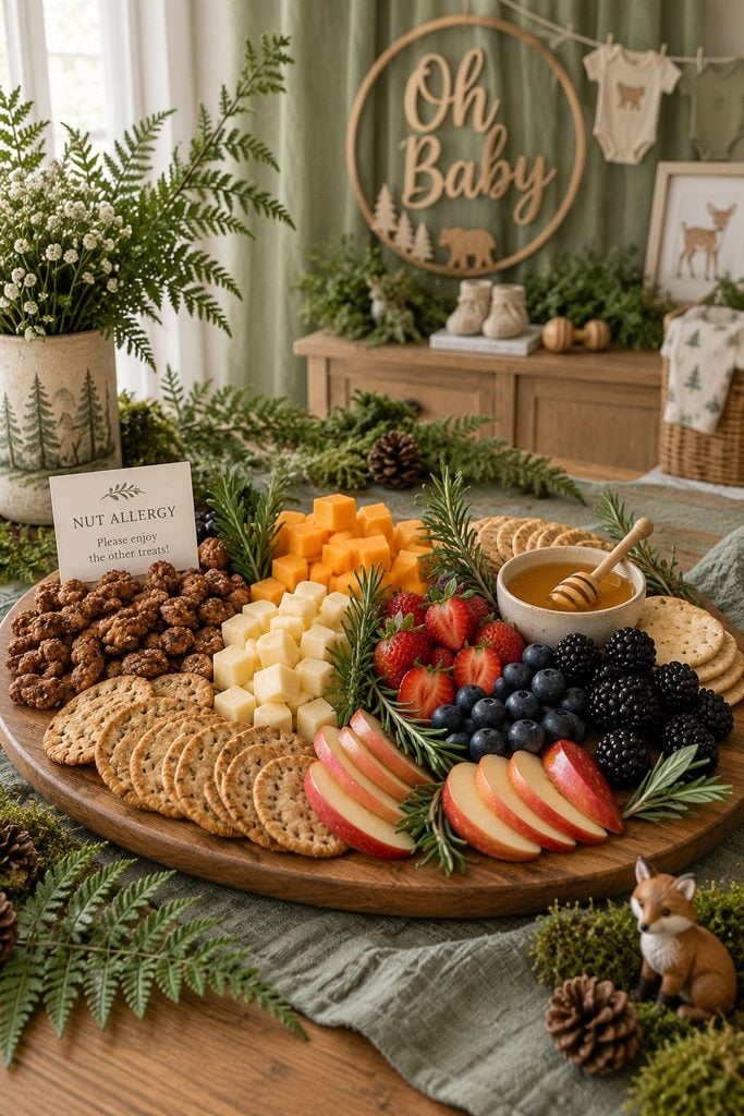 Woodland baby shower picnic grazing board with nuts, cheese, and fresh fruit