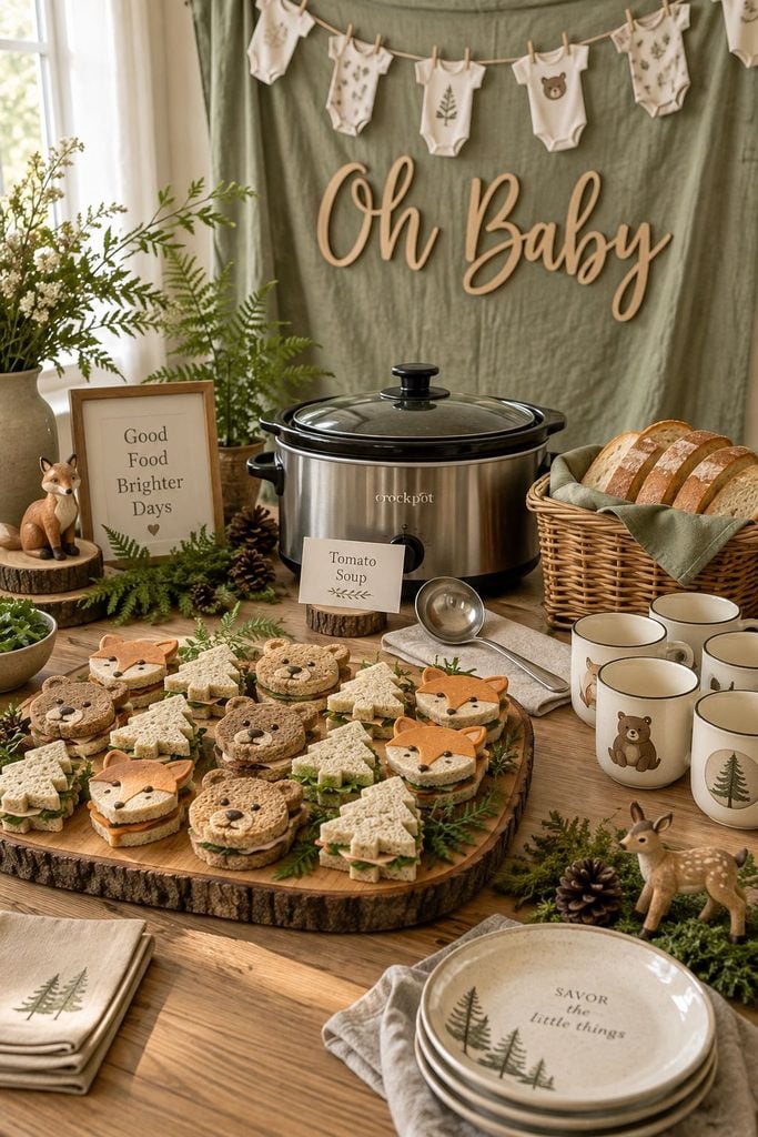 Woodland baby shower mini sandwich and soup bar with crusty bread