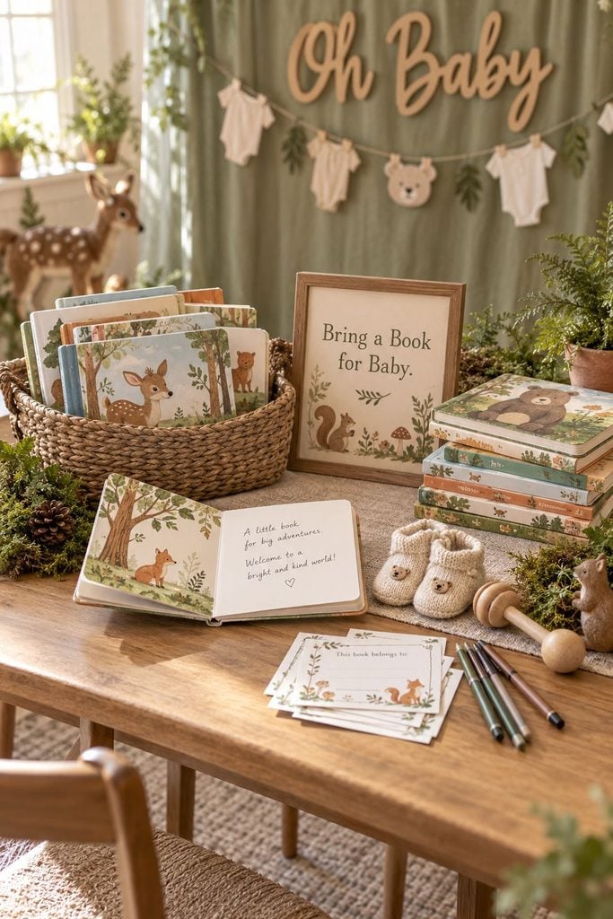 Woodland baby shower bring a book activity with animal board books