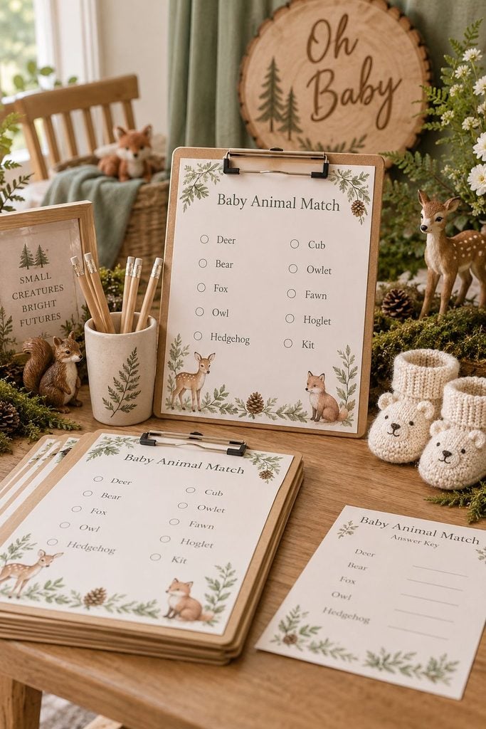 Woodland baby shower baby animal name matching game printable