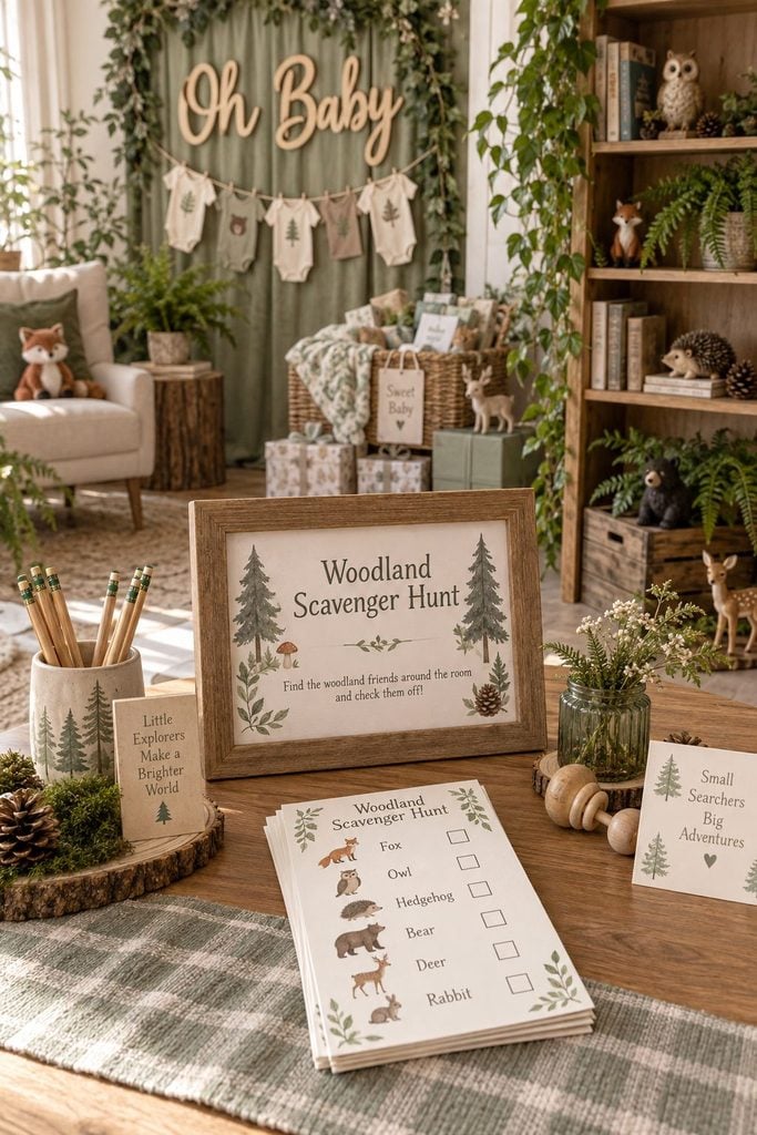 Woodland baby shower scavenger hunt game with hidden animal figurines