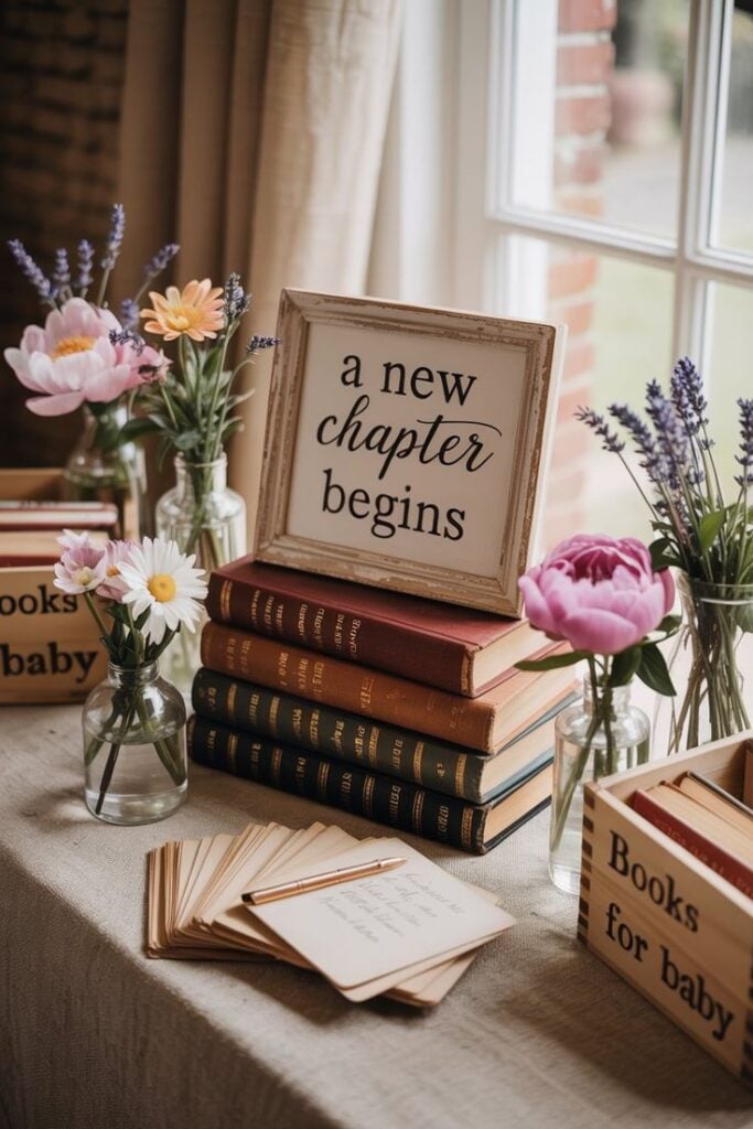 Stack of vintage hardcover books topped with a framed a new chapter begins sign, surrounded by wildflowers and blank advice cards for guests