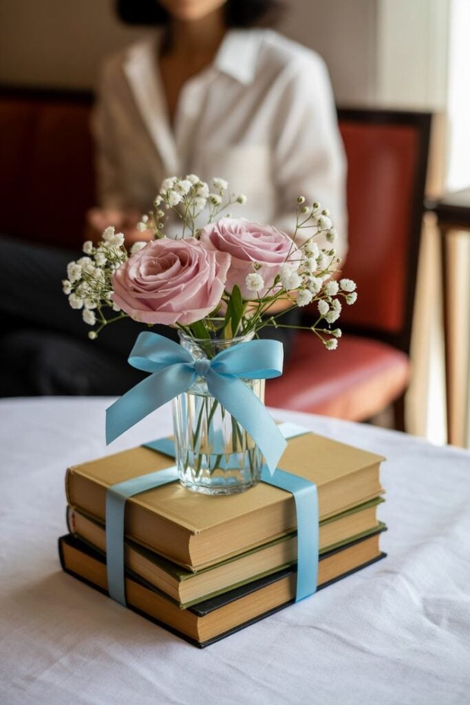 Small glass vase of pink roses and baby's breath tied with a blue ribbon, sitting on a stack of vintage books