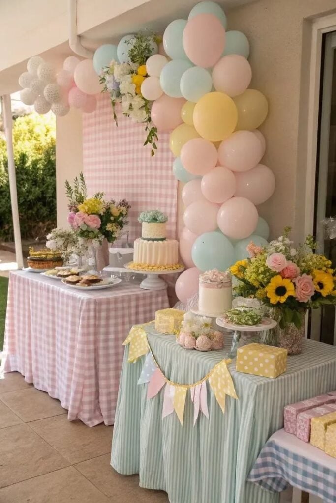 Pastel pink, mint, and yellow balloon garland dessert table with gingham and striped tablecloths, a small tiered cake, and floral arrangements