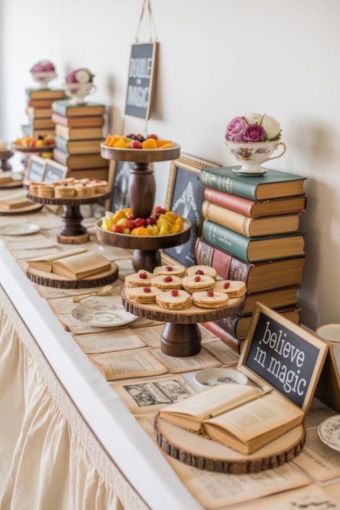Vintage book club baby shower dessert table with old book pages, fruit stands, teacups, and Once Upon a Time and Believe in Magic chalkboard signs
