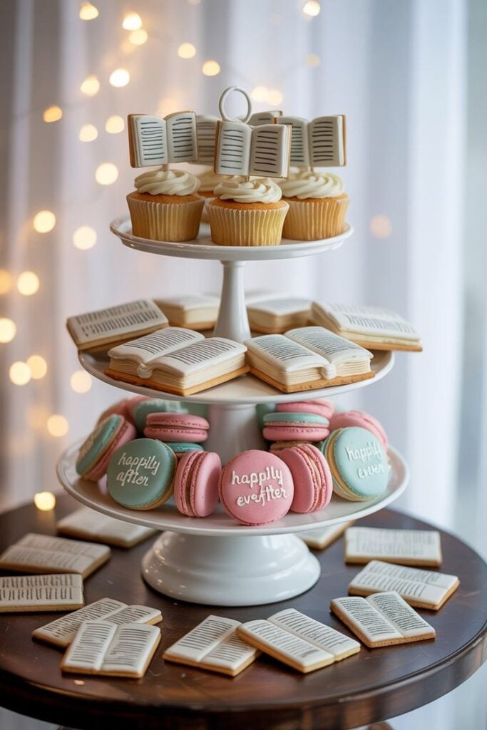 Three-tier dessert stand with open-book sugar cookies, happily ever after macarons, and cupcakes topped with fondant book toppers