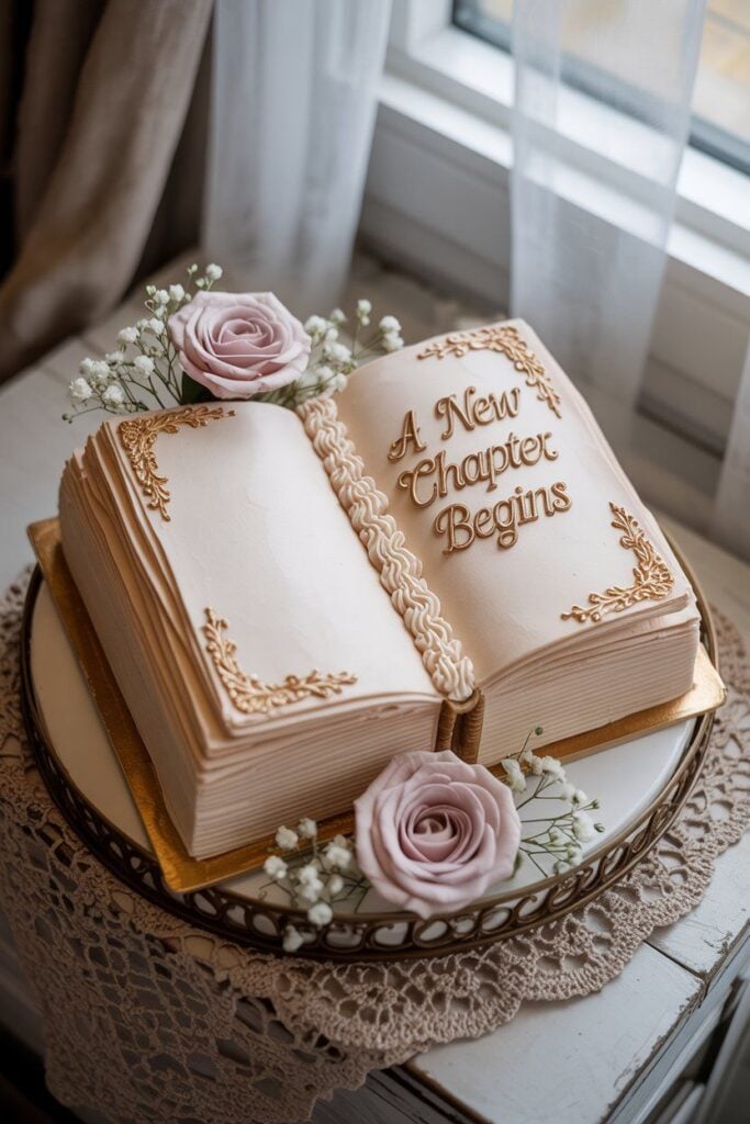 Open-book shaped baby shower cake in blush and gold reading A New Chapter Begins, decorated with sugar roses and baby's breath