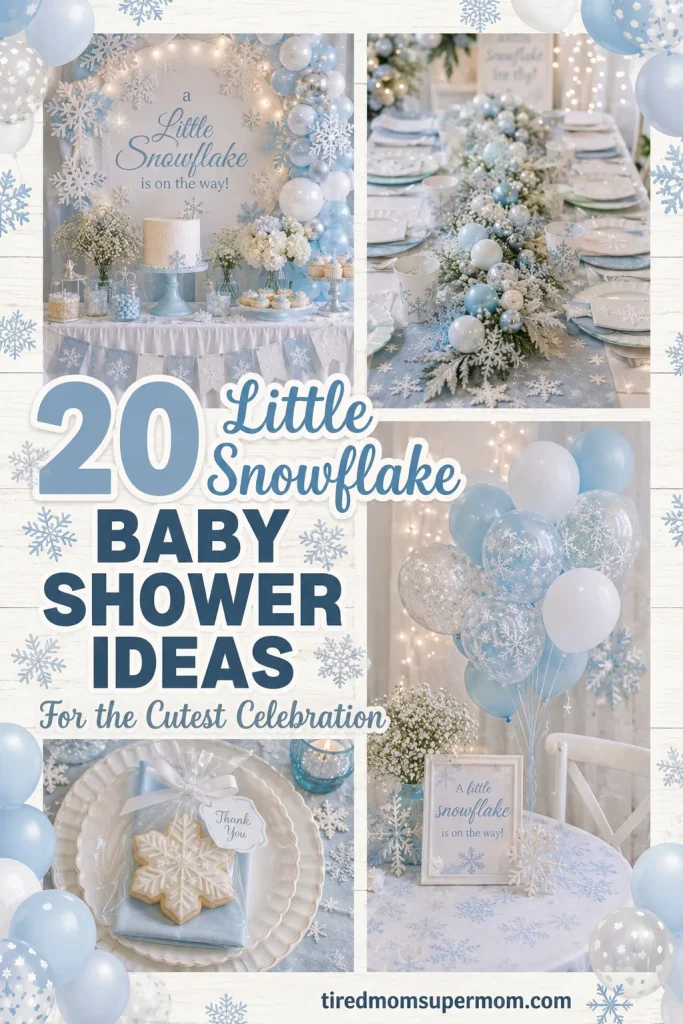 Full little snowflake baby shower table styled with winter white and silver decor