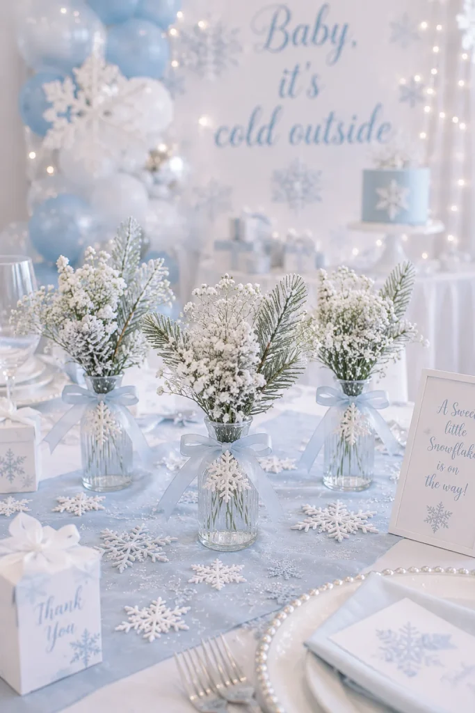 Snow-dusted bud vase trio centerpiece with white ranunculus for a baby shower