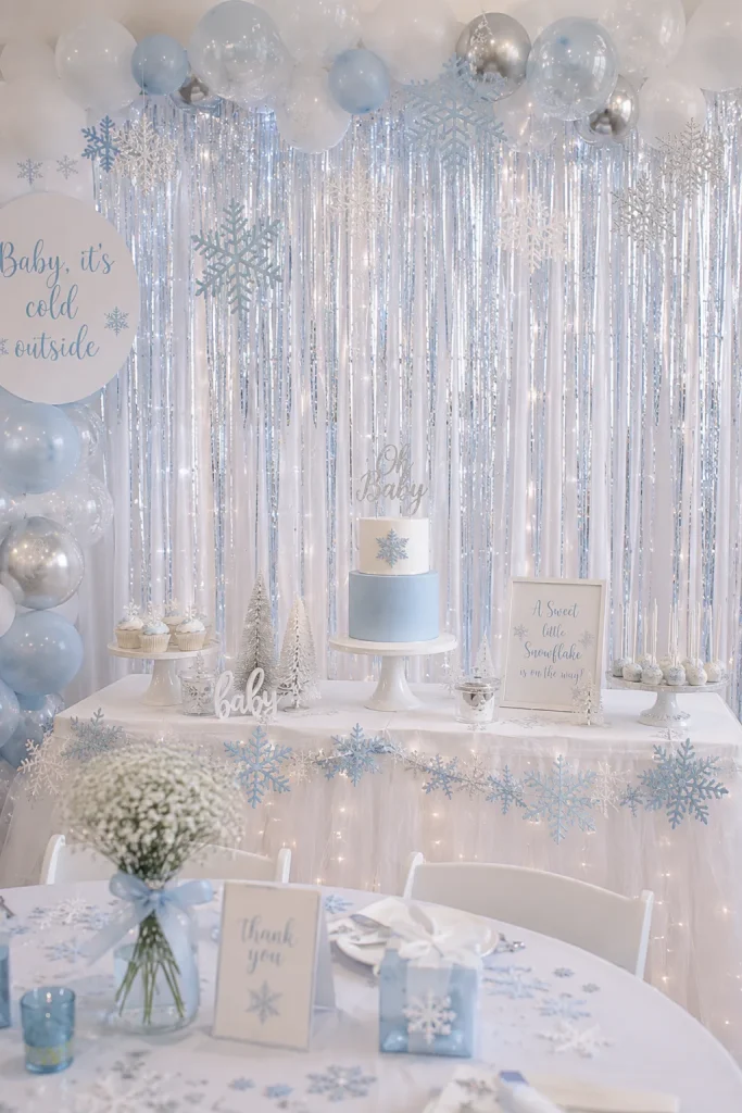 Silver icicle fringe curtain backdrop for a little snowflake baby shower