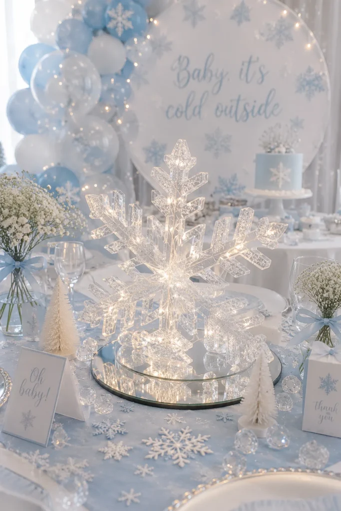 Clear acrylic snowflake centerpiece lit with LED lights on a mirrored table