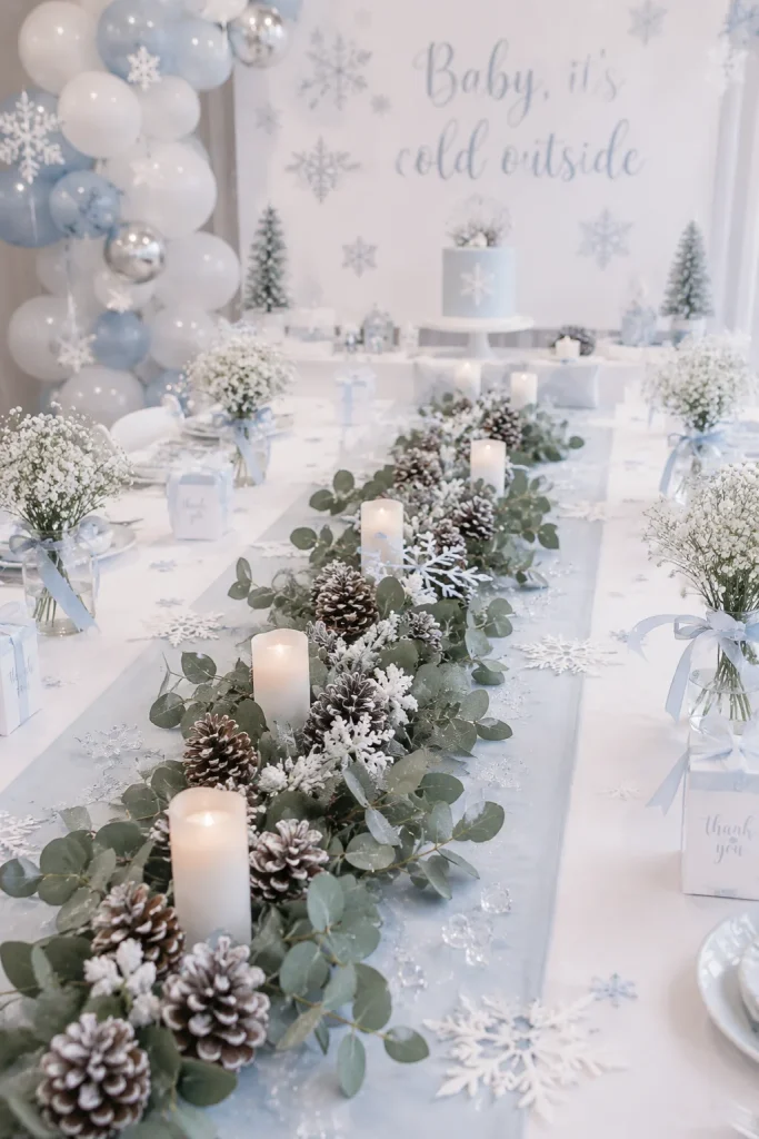 Frosted pinecone and eucalyptus table runner for a winter baby shower table