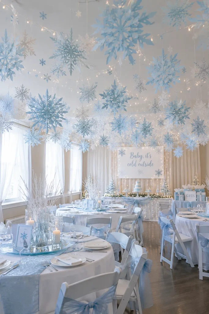 Icy blue and white paper snowflakes hanging from the ceiling at a baby shower