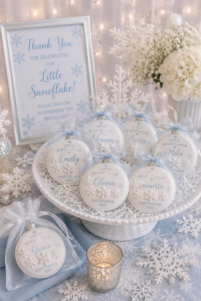 Personalized little snowflake glass ornament favors displayed on a mini tree
