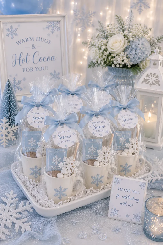 Kraft paper hot cocoa kit favor bags tied with twine