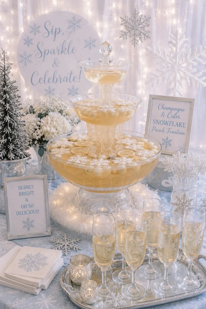 Tiered punch fountain with sparkling cider and snowflake ice cubes