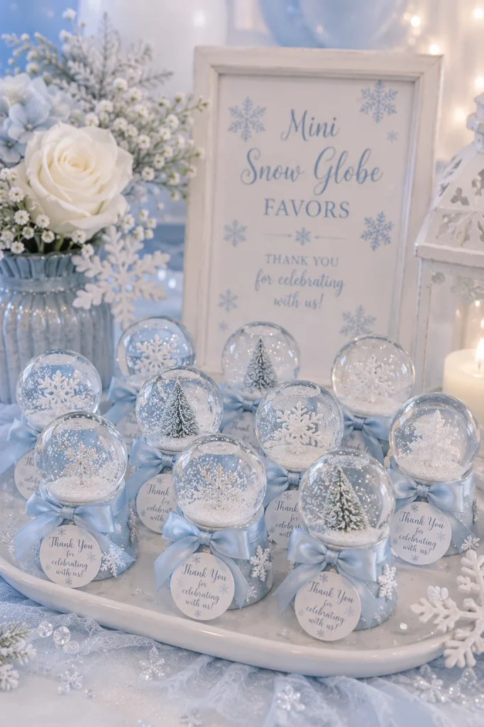 Mini glass snow globe party favors tied with silver ribbon