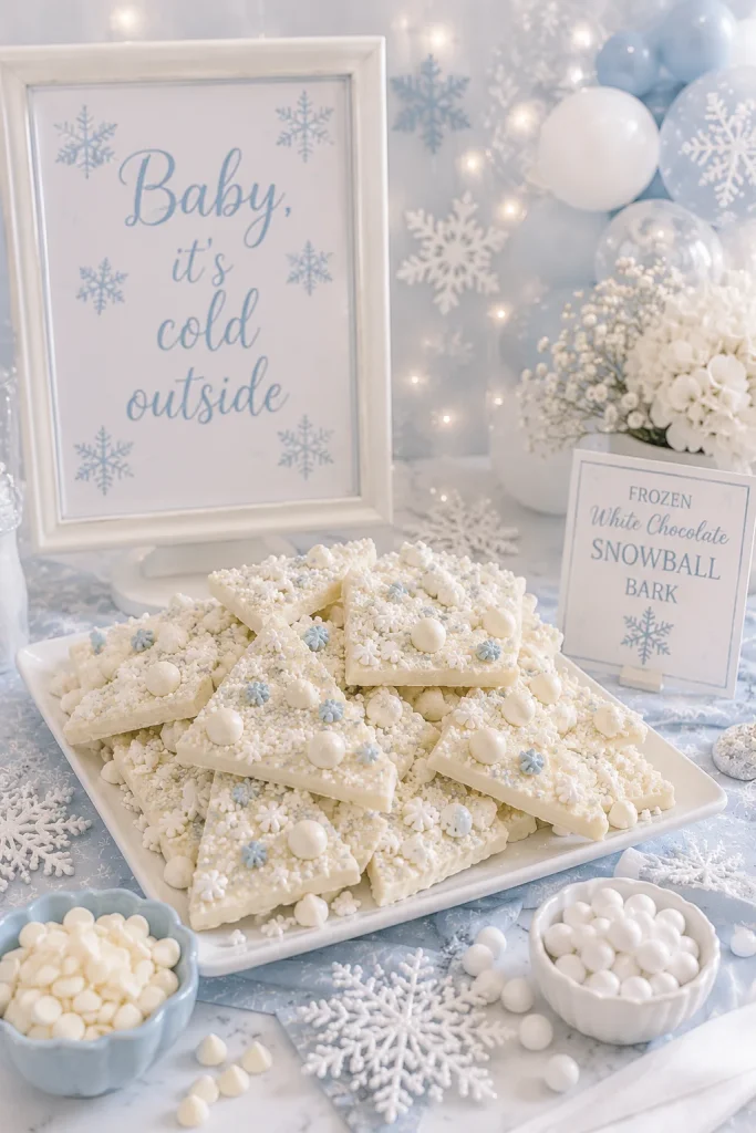 White chocolate snowball bark with sugared cranberries on a slate board