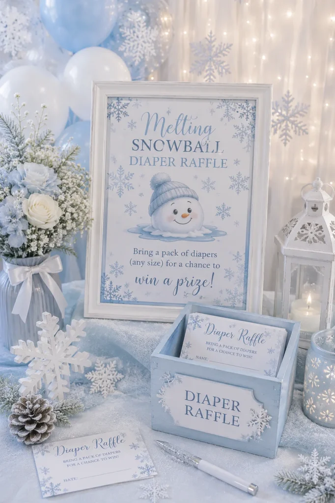 Pom-pom snowball diaper raffle tickets in a basket for a baby shower
