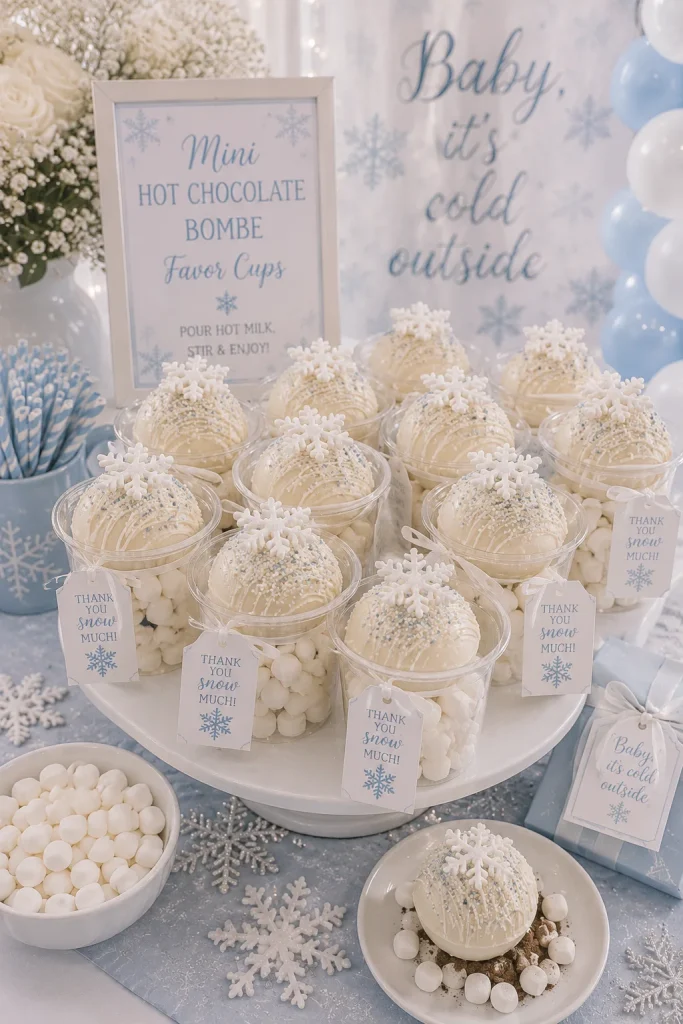 Mini hot chocolate bombe favors wrapped in cellophane with silver ribbon