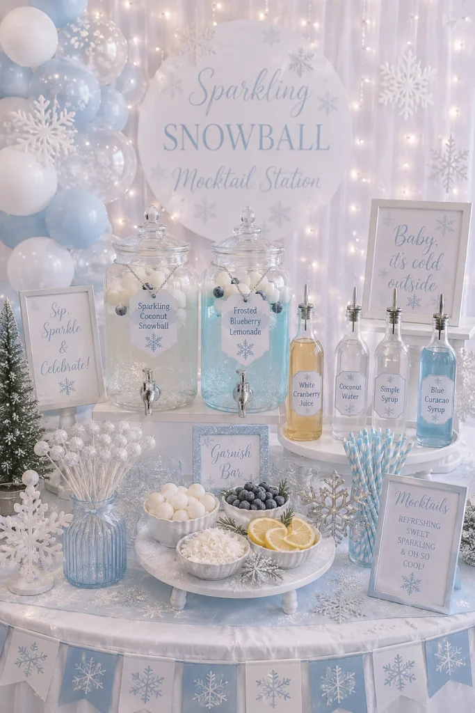 Sparkling snowball mocktail station with coconut-rimmed glasses