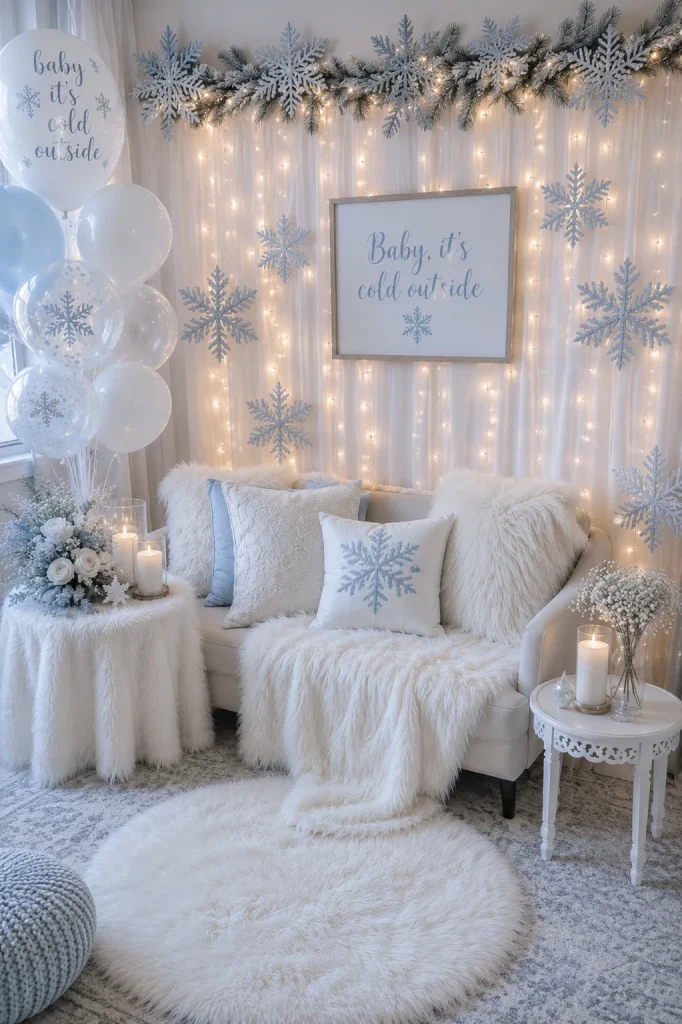 Cozy faux fur lounge corner with string lights for a winter baby shower